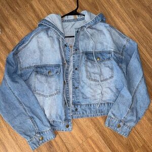 Cropped Blue Denim Jacket with Hood